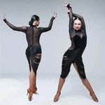 Women Tassel Velvet Stitching Hook Finger Sleeves Sexy Design Black Latin Dance Jumpsuits Ball Gown Pole Dance Clothing Salsa Costumes For Jazz - DancerInn - 26266207289527 - 26266207289527
