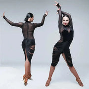 Women Tassel Velvet Stitching Hook Finger Sleeves Sexy Design Black Latin Dance Jumpsuits Ball Gown Pole Dance Clothing Salsa Costumes For Jazz - DancerInn