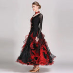 Women’s Black and Red Long Sleeves Ballroom Dance Dress with Exquisite Decals - DancerInn - 26239218352311 - 26239218352311