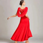 Women Special Neck Design Gauze Joint Lace Short Sleeves Long Hemline Ballroom Waltz Dresses for Foxtrot Flamenco Dance - DancerInn - 26365138370743 - 26365138370743