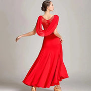 Women Special Neck Design Gauze Joint Lace Short Sleeves Long Hemline Ballroom Waltz Dresses for Foxtrot Flamenco Dance - DancerInn