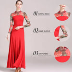 Women Big A Hemline Slim-fitting Pattern Gauze Long Sleeves Standard Ballroom Dress Waltz Tango Dance Costumes - DancerInn - 26343765803191 - 26343765803191