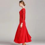Women Hollow Lace Stitching Boat Neck Long Sleeves Waltz Dress Standard Ballroom Dance Costume Ball Dress Dance Clothes - DancerInn - 26361252577463 - 26361252577463