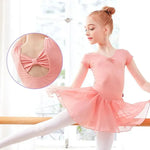 Girls Bowknot Short Sleeve Ballet Dress Gymnastics Leotards Chiffon Skirts for Kids - DancerInn - 26423671357623 - 26423671357623