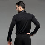Men Professional Black Noble Dark Stripe Long Sleeves Latin Salsa Samba Chacha Modern Dance Shirts - DancerInn - 26417475977399 - 26417475977399