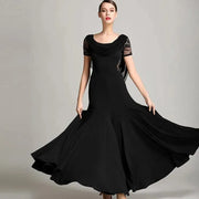 Women Special Neck Design Gauze Joint Lace Short Sleeves Long Hemline Ballroom Waltz Dresses for Foxtrot Flamenco Dance - DancerInn