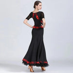 Women Contrast Color Stitching A-line Sweep Short Sleeves Fishbone Hemline Ballroom Dance Wear Tango Dress - DancerInn - 26333555327159 - 26333555327159