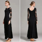 Women Hollow Lace Stitching Boat Neck Long Sleeves Waltz Dress Standard Ballroom Dance Costume Ball Dress Dance Clothes - DancerInn - 26361252774071 - 26361252774071