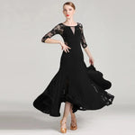 Women See-Through Hollow Lace Stitching Short Sleeves Red Tango Standard Ballroom Dress Waltz Rumba Dance Wear - DancerInn - 26333518823607 - 26333518823607