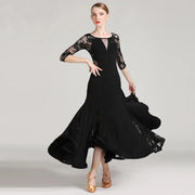 Women See-Through Hollow Lace Stitching Short Sleeves Red Tango Standard Ballroom Dress Waltz Rumba Dance Wear - DancerInn