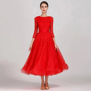 Women Boat Neck Imported Lace Stitching Slim-fitting Pattern Standard Dance Dress For Tango Costumes Evening Party YL1855 - DancerInn