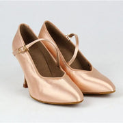Women Classic Fresh Tan Satin High Heel Soft Outsole Ballroom Dance Shoes Modern Dance Standard Shoes - DancerInn