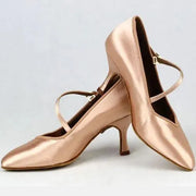Women Classic Fresh Tan Satin High Heel Soft Outsole Ballroom Dance Shoes Modern Dance Standard Shoes - DancerInn