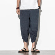 Men Japanese Vintage Striped Baggy Cotton Harem Wide Leg Hip Hop Capri Pants - DancerInn