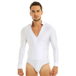 Men Stand Collar Shiny V-neck Dance Gymnastics Leotards Latin Ballroom Tango Rumba Dance Bodysuits - DancerInn - 26415571304631 - 26415571304631