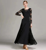Women Hollow Lace Stitching Boat Neck Long Sleeves Waltz Dress Standard Ballroom Dance Costume Ball Dress Dance Clothes - DancerInn - 26361252839607 - 26361252839607