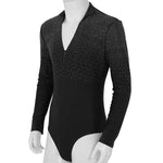 Men Stand Collar Shiny V-neck Dance Gymnastics Leotards Latin Ballroom Tango Rumba Dance Bodysuits - DancerInn - 26415571140791 - 26415571140791