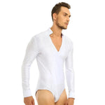Men Stand Collar Shiny V-neck Dance Gymnastics Leotards Latin Ballroom Tango Rumba Dance Bodysuits - DancerInn - 26415571370167 - 26415571370167