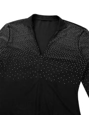 Men Stand Collar Shiny V-neck Dance Gymnastics Leotards Latin Ballroom Tango Rumba Dance Bodysuits - DancerInn