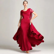 Women Special Neck Design Gauze Joint Lace Short Sleeves Long Hemline Ballroom Waltz Dresses for Foxtrot Flamenco Dance - DancerInn
