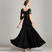 Women Special Neck Design Gauze Joint Lace Short Sleeves Long Hemline Ballroom Waltz Dresses for Foxtrot Flamenco Dance - DancerInn