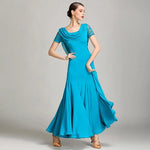 Women Special Neck Design Gauze Joint Lace Short Sleeves Long Hemline Ballroom Waltz Dresses for Foxtrot Flamenco Dance - DancerInn - 26365138469047 - 26365138469047