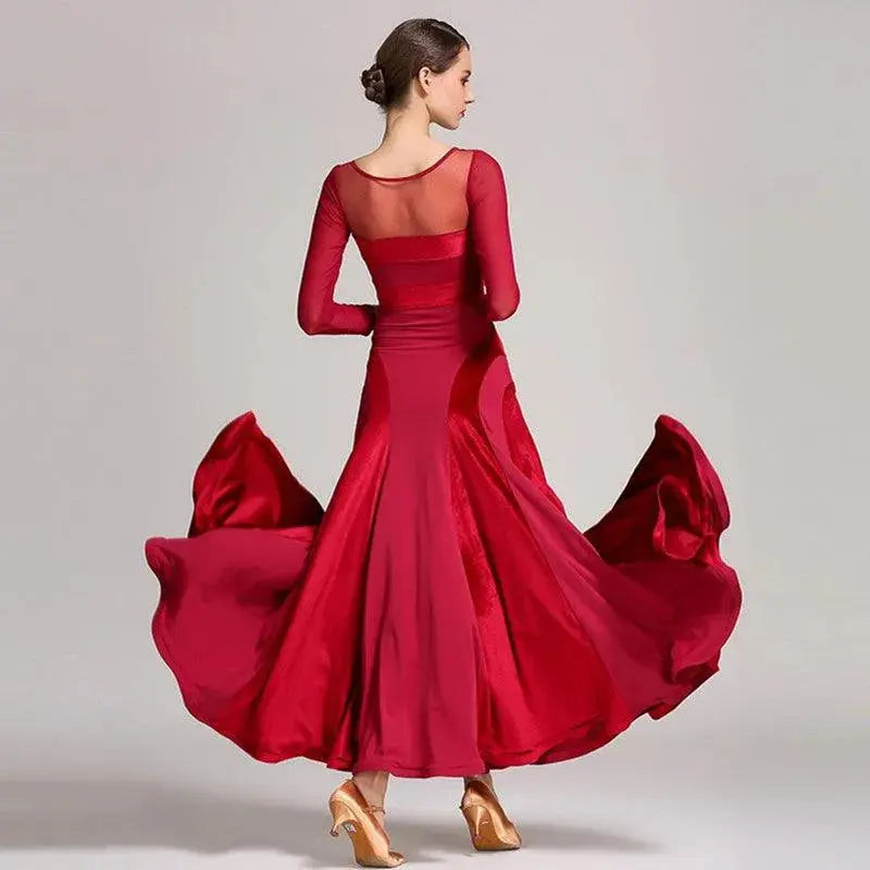 Women Velvet Perspective Stitching Elastic Elegant Waltz Ballroom Dress