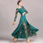Women Hollow Lace Stitching Boat Neck Long Sleeves Waltz Dress Standard Ballroom Dance Costume Ball Dress Dance Clothes - DancerInn - 26361252380855 - 26361252380855