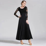 Women Hollow Lace Stitching Big Swing Party Dress Rumba Dance Costumes Waltz Dance Dresses Ballroom Gown - DancerInn