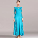 Women Hollow Lace Stitching Boat Neck Long Sleeves Waltz Dress Standard Ballroom Dance Costume Ball Dress Dance Clothes - DancerInn - 26361252610231 - 26361252610231