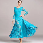Women Hollow Lace Stitching Boat Neck Long Sleeves Waltz Dress Standard Ballroom Dance Costume Ball Dress Dance Clothes - DancerInn - 26361252708535 - 26361252708535