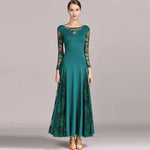 Women Hollow Lace Stitching Boat Neck Long Sleeves Waltz Dress Standard Ballroom Dance Costume Ball Dress Dance Clothes - DancerInn - 26361252872375 - 26361252872375