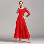 Women Hollow Lace Stitching Boat Neck Long Sleeves Waltz Dress Standard Ballroom Dance Costume Ball Dress Dance Clothes - DancerInn - 26361252544695 - 26361252544695