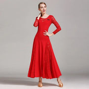 Women Hollow Lace Stitching Boat Neck Long Sleeves Waltz Dress Standard Ballroom Dance Costume Ball Dress Dance Clothes - DancerInn