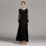 Women Hollow Lace Stitching Boat Neck Long Sleeves Waltz Dress Standard Ballroom Dance Costume Ball Dress Dance Clothes - DancerInn