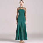 Women Big A Hemline Slim-fitting Pattern Gauze Long Sleeves Standard Ballroom Dress Waltz Tango Dance Costumes - DancerInn - 26343765868727 - 26343765868727