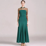 Women Big A Hemline Slim-fitting Pattern Gauze Long Sleeves Standard Ballroom Dress Waltz Tango Dance Costumes - DancerInn