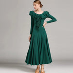Women Layerd Back Ruffled Stitching Long Sleeves Ballroom Dress Standard Dance Clothing Stage Dance Wear - DancerInn - 26343727038647 - 26343727038647