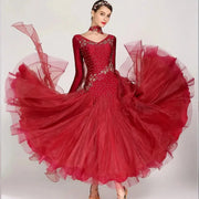 Women V-Neck Hidden Zipper Exquisite Decals Ballroom Dance Competition Dress For Waltz Dress Rumba Dance Costume - DancerInn