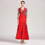 Women Velvet See-through Rose Flower Waltzing Tango Dancing Dresses Ballroom Costume Evening Party Dress - DancerInn - 26383651406007 - 26383651406007