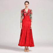 Women Velvet See-through Rose Flower Waltzing Tango Dancing Dresses Ballroom Costume Evening Party Dress - DancerInn