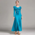 Women Layerd Back Ruffled Stitching Long Sleeves Ballroom Dress Standard Dance Clothing Stage Dance Wear - DancerInn - 26343727071415 - 26343727071415