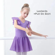 Girls Bowknot Short Sleeve Ballet Dress Gymnastics Leotards Chiffon Skirts for Kids - DancerInn