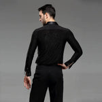 Men Professional Black Noble Dark Stripe Long Sleeves Latin Salsa Samba Chacha Modern Dance Shirts - DancerInn - 26417475879095 - 26417475879095