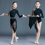 Girls Tassel Skirt Short Long Sleeve Leopard Ruma Samba Tango Dance Costumes Sets Latin Dance Dresses - DancerInn - 26424594268343 - 26424594268343