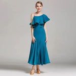 Women’s Ultra-fine Milk Silk Ruffled Neckline Inclined Shoulder Long Ballroom Dress - DancerInn - 26339843604663 - 26339843604663