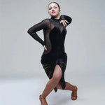 Women Tassel Velvet Stitching Hook Finger Sleeves Sexy Design Black Latin Dance Jumpsuits Ball Gown Pole Dance Clothing Salsa Costumes For Jazz - DancerInn - 26266207223991 - 26266207223991