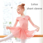 Girls Bowknot Short Sleeve Ballet Dress Gymnastics Leotards Chiffon Skirts for Kids - DancerInn - 26423671718071 - 26423671718071