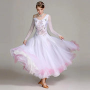 Women Flower Embroidery Finger Holder White Ballroom Dance Competition Dress Waltz Evening Party Dress Ball Gown - DancerInn