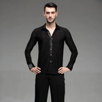 Men Professional Black Noble Dark Stripe Long Sleeves Latin Salsa Samba Chacha Modern Dance Shirts - DancerInn - 26417475911863 - 26417475911863